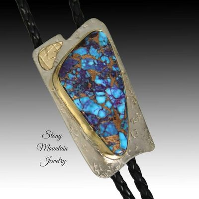 Primary image for Custom Mohave Turquoise Bolo Tie in Nickel Silver & Brass, Unique Handcrafted Wedding Bolo Tie, Essential Metals Collection