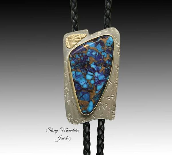 Alternate image for Custom Mohave Turquoise Bolo Tie in Nickel Silver & Brass, Unique Handcrafted Wedding Bolo Tie, Essential Metals Collection
