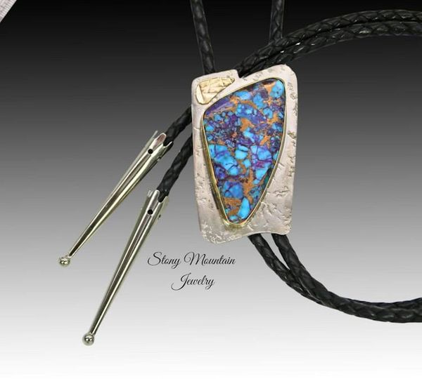 Alternate image for Custom Mohave Turquoise Bolo Tie in Nickel Silver & Brass, Unique Handcrafted Wedding Bolo Tie, Essential Metals Collection