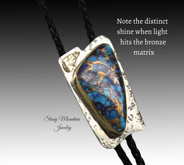 Alternate image for Custom Mohave Turquoise Bolo Tie in Nickel Silver & Brass, Unique Handcrafted Wedding Bolo Tie, Essential Metals Collection