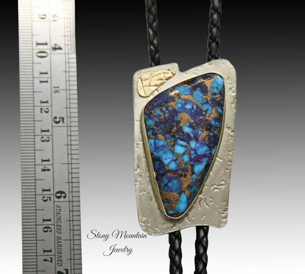Alternate image for Custom Mohave Turquoise Bolo Tie in Nickel Silver & Brass, Unique Handcrafted Wedding Bolo Tie, Essential Metals Collection