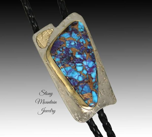 Alternate image for Custom Mohave Turquoise Bolo Tie in Nickel Silver & Brass, Unique Handcrafted Wedding Bolo Tie, Essential Metals Collection