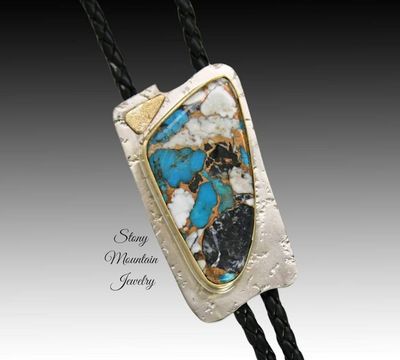 Primary image for Unique White Buffalo Turquoise Bolo Tie in Nickel Silver & Brass, Handcrafted Custom Wedding Bolo Ties, Essential Metals Collection