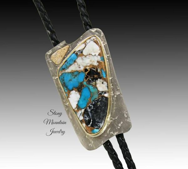 Alternate image for Unique White Buffalo Turquoise Bolo Tie in Nickel Silver & Brass, Handcrafted Custom Wedding Bolo Ties, Essential Metals Collection