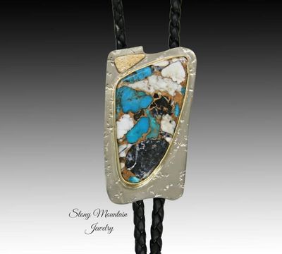 Alternate image for Unique White Buffalo Turquoise Bolo Tie in Nickel Silver & Brass, Handcrafted Custom Wedding Bolo Ties, Essential Metals Collection