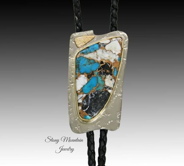 Alternate image for Unique White Buffalo Turquoise Bolo Tie in Nickel Silver & Brass, Handcrafted Custom Wedding Bolo Ties, Essential Metals Collection