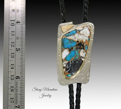Alternate image for Unique White Buffalo Turquoise Bolo Tie in Nickel Silver & Brass, Handcrafted Custom Wedding Bolo Ties, Essential Metals Collection