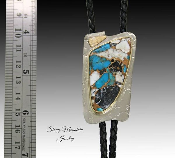 Alternate image for Unique White Buffalo Turquoise Bolo Tie in Nickel Silver & Brass, Handcrafted Custom Wedding Bolo Ties, Essential Metals Collection