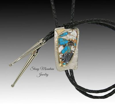 Alternate image for Unique White Buffalo Turquoise Bolo Tie in Nickel Silver & Brass, Handcrafted Custom Wedding Bolo Ties, Essential Metals Collection