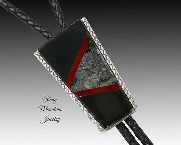 Alternate image for Native Silver Inlay Bolo Tie with Black Jade & Red Jasper, Custom Designer Wedding Bolo Ties for Men or Women, Unique Gift