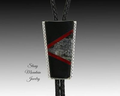 Alternate image for Native Silver Inlay Bolo Tie with Black Jade & Red Jasper, Custom Designer Wedding Bolo Ties for Men or Women, Unique Gift