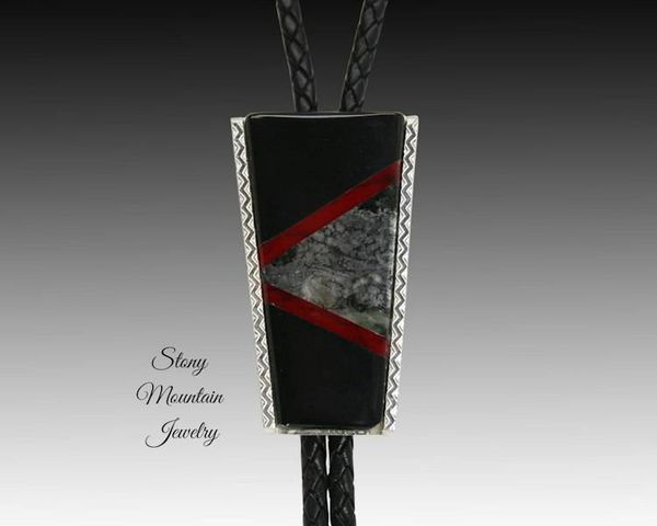 Alternate image for Native Silver Inlay Bolo Tie with Black Jade & Red Jasper, Custom Designer Wedding Bolo Ties for Men or Women, Unique Gift