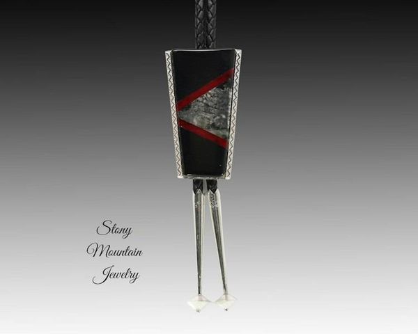 Alternate image for Native Silver Inlay Bolo Tie with Black Jade & Red Jasper, Custom Designer Wedding Bolo Ties for Men or Women, Unique Gift