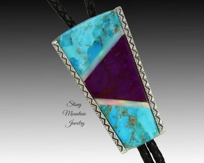 Alternate image for Turquoise Inlay Bolo Tie, Custom Designer Bolo Tie with Kingman Turquoise, Sugilite & Aurora Opal, One of a Kind Wedding Bolo Tie