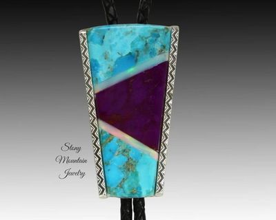 Alternate image for Turquoise Inlay Bolo Tie, Custom Designer Bolo Tie with Kingman Turquoise, Sugilite & Aurora Opal, One of a Kind Wedding Bolo Tie