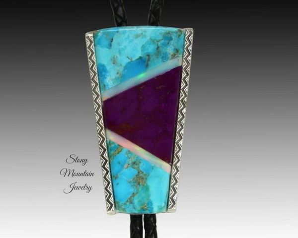 Alternate image for Turquoise Inlay Bolo Tie, Custom Designer Bolo Tie with Kingman Turquoise, Sugilite & Aurora Opal, One of a Kind Wedding Bolo Tie