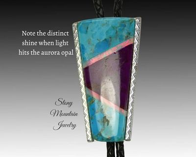 Alternate image for Turquoise Inlay Bolo Tie, Custom Designer Bolo Tie with Kingman Turquoise, Sugilite & Aurora Opal, One of a Kind Wedding Bolo Tie
