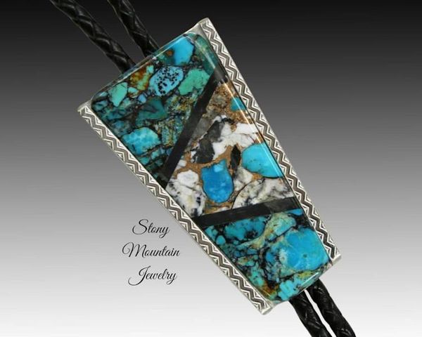 Alternate image for Modern Turquoise Inlay Bolo Tie in Sterling Silver with White Buffalo Matrix & Black Jade, Custom Designer Wedding Bolo Tie, Alternative Necktie