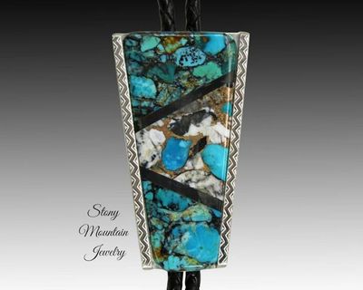 Alternate image for Modern Turquoise Inlay Bolo Tie in Sterling Silver with White Buffalo Matrix & Black Jade, Custom Designer Wedding Bolo Tie, Alternative Necktie