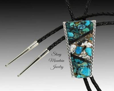 Alternate image for Modern Turquoise Inlay Bolo Tie in Sterling Silver with White Buffalo Matrix & Black Jade, Custom Designer Wedding Bolo Tie, Alternative Necktie