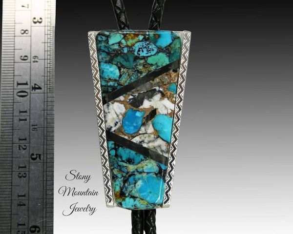 Alternate image for Modern Turquoise Inlay Bolo Tie in Sterling Silver with White Buffalo Matrix & Black Jade, Custom Designer Wedding Bolo Tie, Alternative Necktie