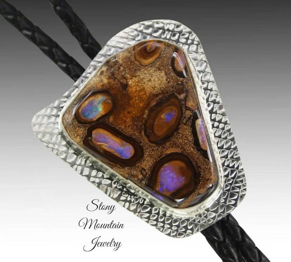 Unique Custom Wedding Bolo Tie, Modern Handcrafted Boulder Opal Designer Bolo Tie, One of a Kind Sterling Silver Bolo Ties for Men or Women