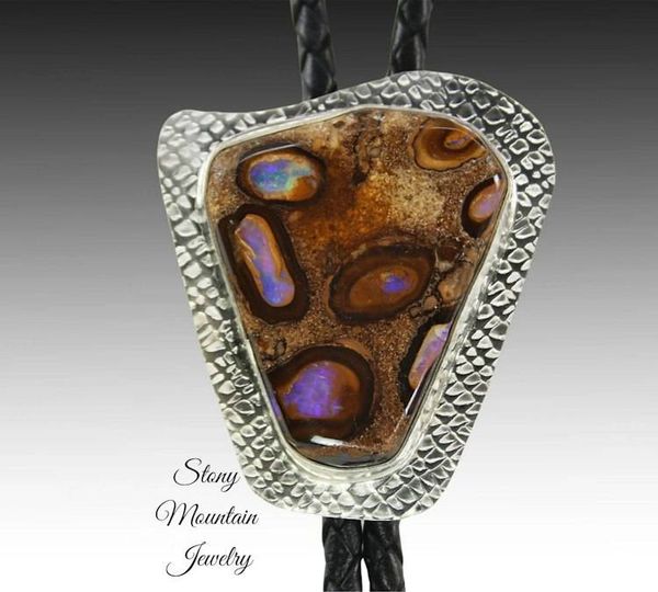 Alternate image for Unique Custom Wedding Bolo Tie, Modern Handcrafted Boulder Opal Designer Bolo Tie, One of a Kind Sterling Silver Bolo Ties for Men or Women