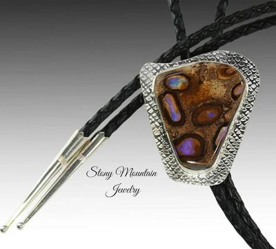 Alternate image for Unique Custom Wedding Bolo Tie, Modern Handcrafted Boulder Opal Designer Bolo Tie, One of a Kind Sterling Silver Bolo Ties for Men or Women