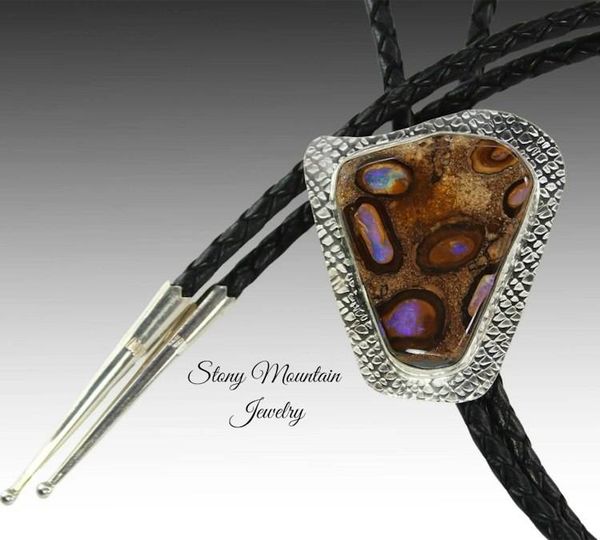 Alternate image for Unique Custom Wedding Bolo Tie, Modern Handcrafted Boulder Opal Designer Bolo Tie, One of a Kind Sterling Silver Bolo Ties for Men or Women