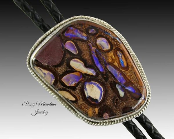 Alternate image for Australian Opal Bolo Tie, Custom Handcrafted Wedding Bolo Tie, Modern Sterling Silver Boulder Opal Designer Bolo Tie for Men or Women