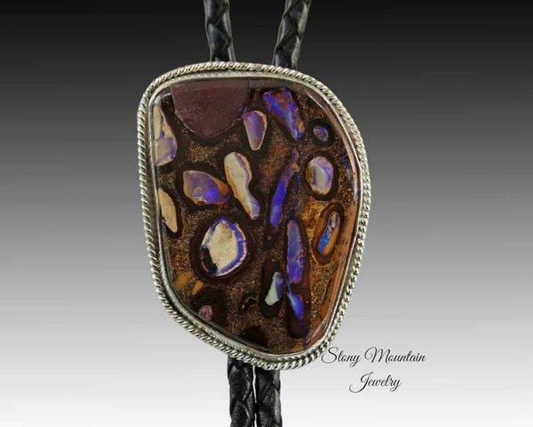 Alternate image for Australian Opal Bolo Tie, Custom Handcrafted Wedding Bolo Tie, Modern Sterling Silver Boulder Opal Designer Bolo Tie for Men or Women