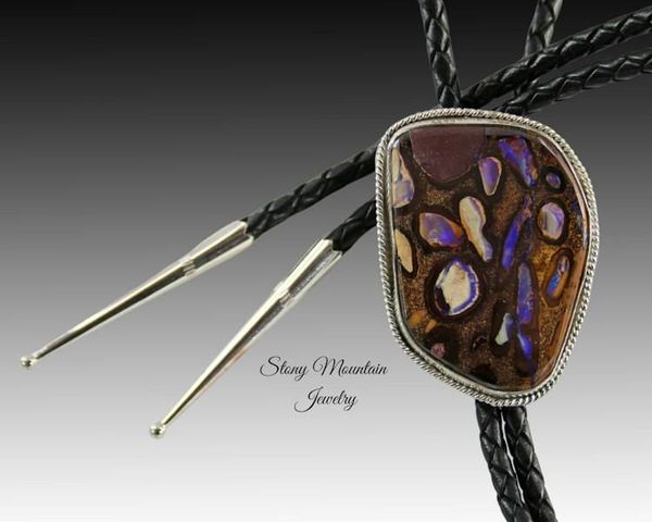 Alternate image for Australian Opal Bolo Tie, Custom Handcrafted Wedding Bolo Tie, Modern Sterling Silver Boulder Opal Designer Bolo Tie for Men or Women