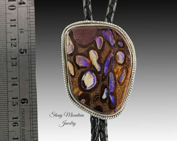 Alternate image for Australian Opal Bolo Tie, Custom Handcrafted Wedding Bolo Tie, Modern Sterling Silver Boulder Opal Designer Bolo Tie for Men or Women