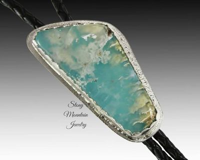 Alternate image for Turquoise Bolo Tie, Unique Turquoise & Feather Ridge Agate Custom Wedding Bolo Tie, Handcrafted Sterling Silver Bolo Tie for Men or Women