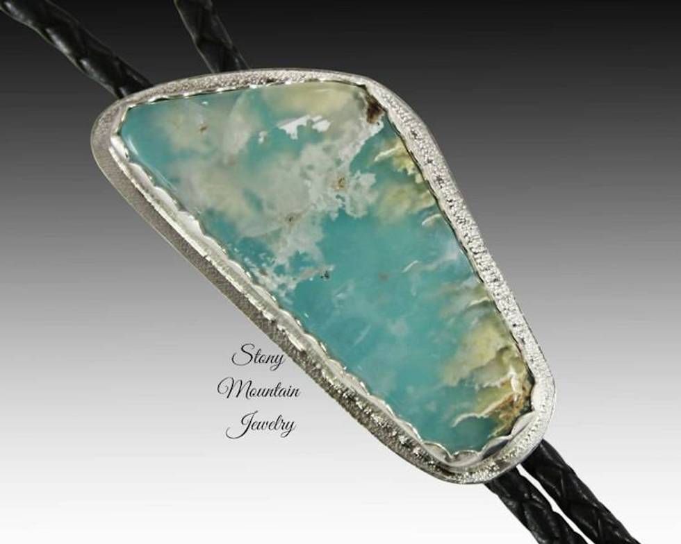 Turquoise Bolo Tie, Unique Turquoise & Feather Ridge Agate Custom Wedding Bolo Tie, Handcrafted Sterling Silver Bolo Tie for Men or Women