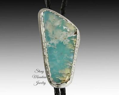Alternate image for Turquoise Bolo Tie, Unique Turquoise & Feather Ridge Agate Custom Wedding Bolo Tie, Handcrafted Sterling Silver Bolo Tie for Men or Women