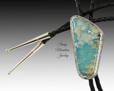 Alternate image for Turquoise Bolo Tie, Unique Turquoise & Feather Ridge Agate Custom Wedding Bolo Tie, Handcrafted Sterling Silver Bolo Tie for Men or Women