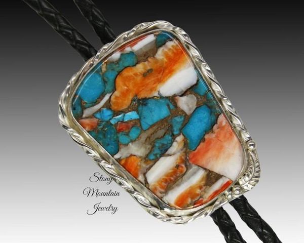 Alternate image for Turquoise Bolo Tie, Custom Handcrafted Wedding Bolo Tie, Kingman Turquoise & Spiny Oyster Stone Bolo Tie for Men or Women, Western Gift