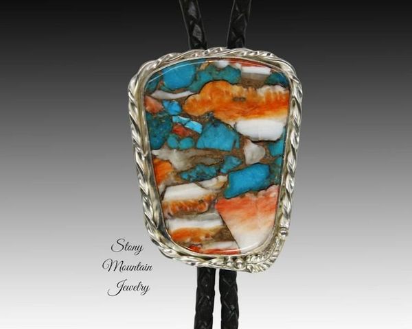 Alternate image for Turquoise Bolo Tie, Custom Handcrafted Wedding Bolo Tie, Kingman Turquoise & Spiny Oyster Stone Bolo Tie for Men or Women, Western Gift