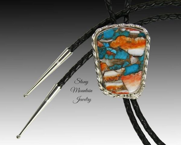 Alternate image for Turquoise Bolo Tie, Custom Handcrafted Wedding Bolo Tie, Kingman Turquoise & Spiny Oyster Stone Bolo Tie for Men or Women, Western Gift
