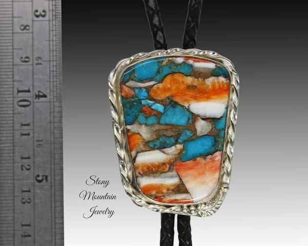 Alternate image for Turquoise Bolo Tie, Custom Handcrafted Wedding Bolo Tie, Kingman Turquoise & Spiny Oyster Stone Bolo Tie for Men or Women, Western Gift