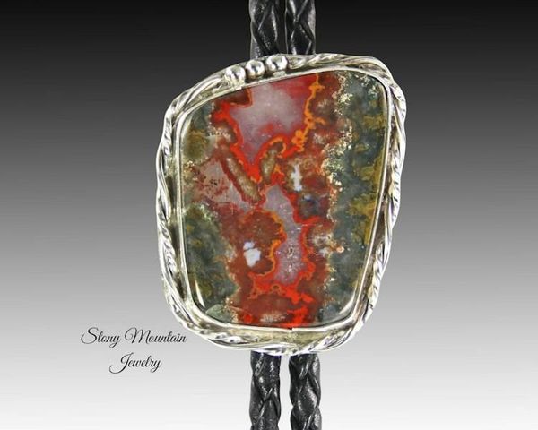 Alternate image for Designer Bolo Tie, One of a Kind Custom Handcrafted Moroccan Seam Agate Bolo Tie, Sterling Silver Wedding Bolo Ties, Western Bolo Tie Necklace