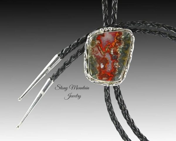 Alternate image for Designer Bolo Tie, One of a Kind Custom Handcrafted Moroccan Seam Agate Bolo Tie, Sterling Silver Wedding Bolo Ties, Western Bolo Tie Necklace