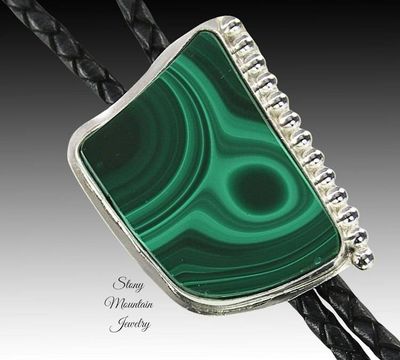 Alternate image for Unique Custom Wedding Bolo Tie, Modern One of a Kind Handcrafted Malachite Designer Bolo Tie Necklace, Sterling Silver Bolo Ties for Men or Women