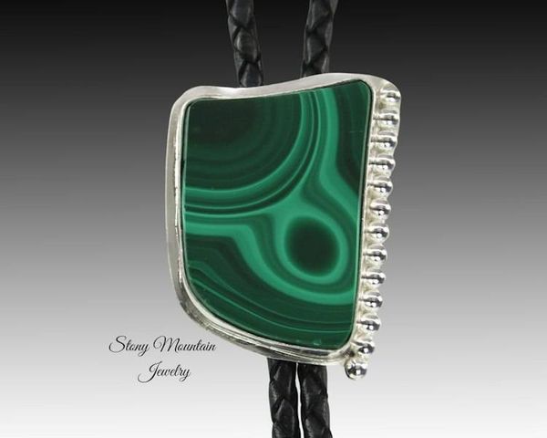 Alternate image for Unique Custom Wedding Bolo Tie, Modern One of a Kind Handcrafted Malachite Designer Bolo Tie Necklace, Sterling Silver Bolo Ties for Men or Women