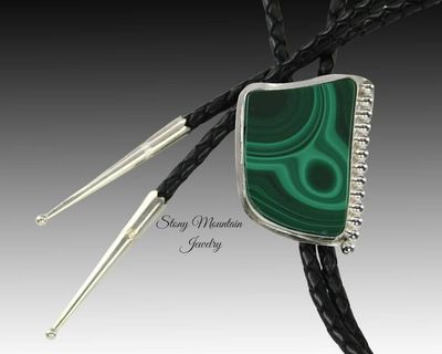 Alternate image for Unique Custom Wedding Bolo Tie, Modern One of a Kind Handcrafted Malachite Designer Bolo Tie Necklace, Sterling Silver Bolo Ties for Men or Women