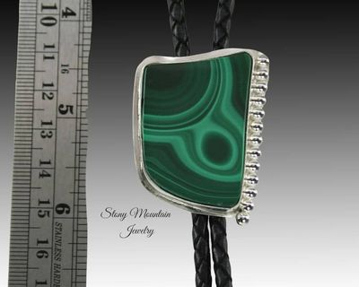 Alternate image for Unique Custom Wedding Bolo Tie, Modern One of a Kind Handcrafted Malachite Designer Bolo Tie Necklace, Sterling Silver Bolo Ties for Men or Women