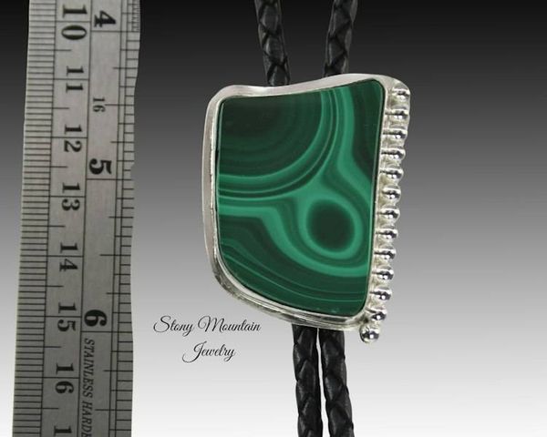 Alternate image for Unique Custom Wedding Bolo Tie, Modern One of a Kind Handcrafted Malachite Designer Bolo Tie Necklace, Sterling Silver Bolo Ties for Men or Women
