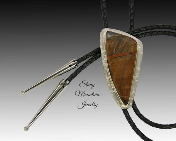 Alternate image for Custom Tiger Eye Wedding Bolo Tie in Nickel Silver & Brass, Unique Handcrafted Bolo Tie Necklace, Essential Metals Collection