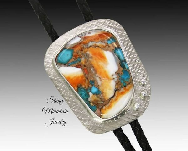Alternate image for Custom Spiny Oyster Turquoise Bolo Tie in Nickel Silver, Unique Handcrafted Wedding Bolo Tie Necklace